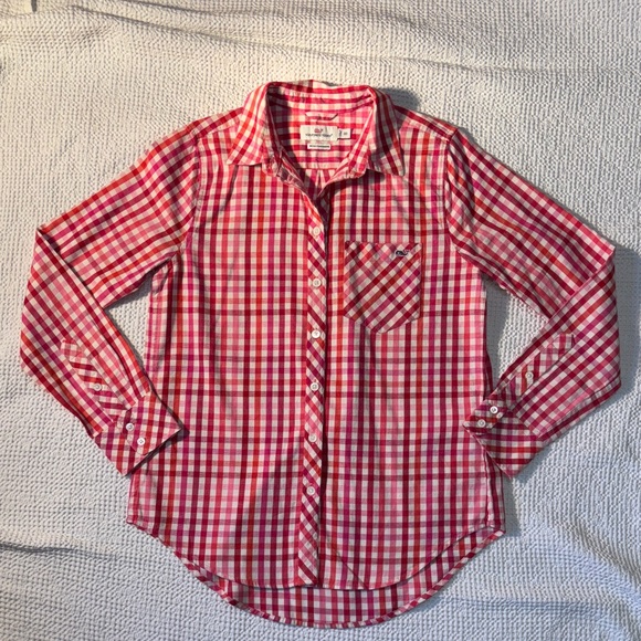 Vineyard Vines Tops - Vineyard Vines Red & Pink Plaid Button Down Shirt, Cashmere Cotton, Size 00, EUC